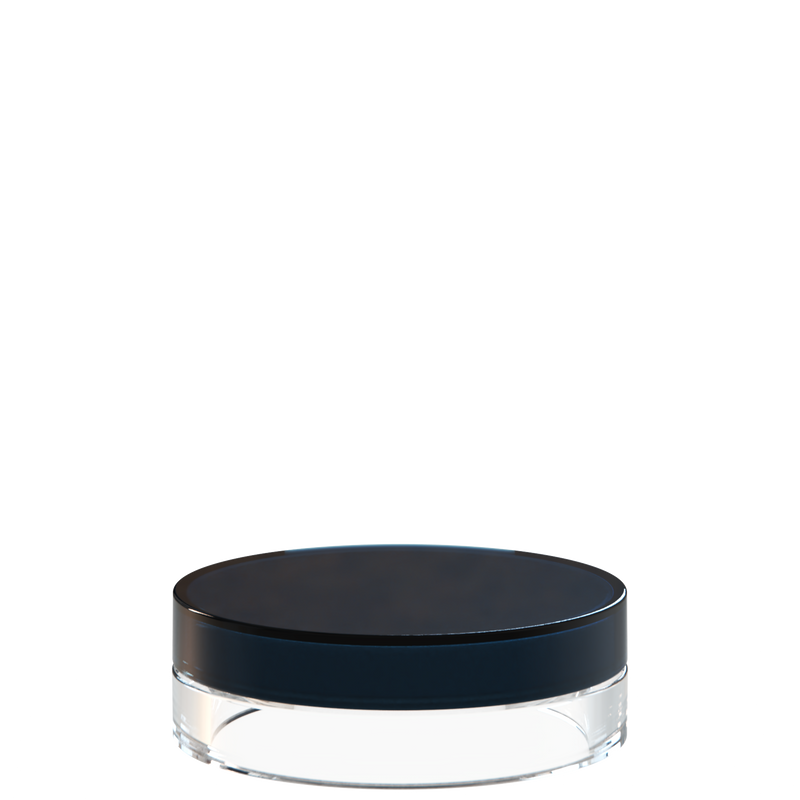 Sai 45 interchangeable cosmetic holder in midnight navy and clear, angled view of the flat cylinder