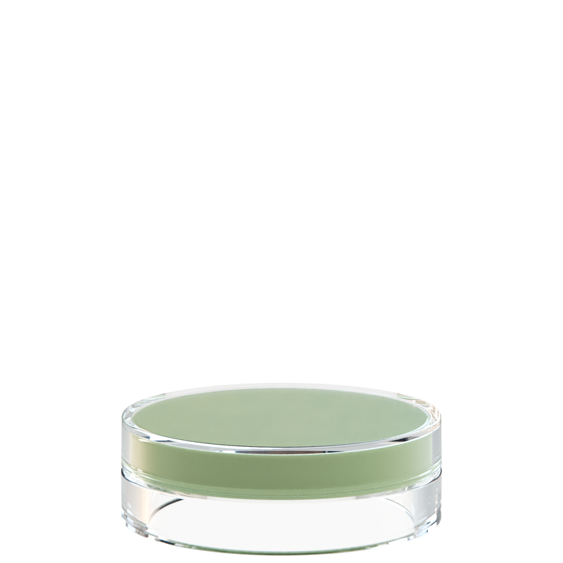 Sai 48 interchangeable cosmetic holder in pale green and clear, angled view of the flat cylinder