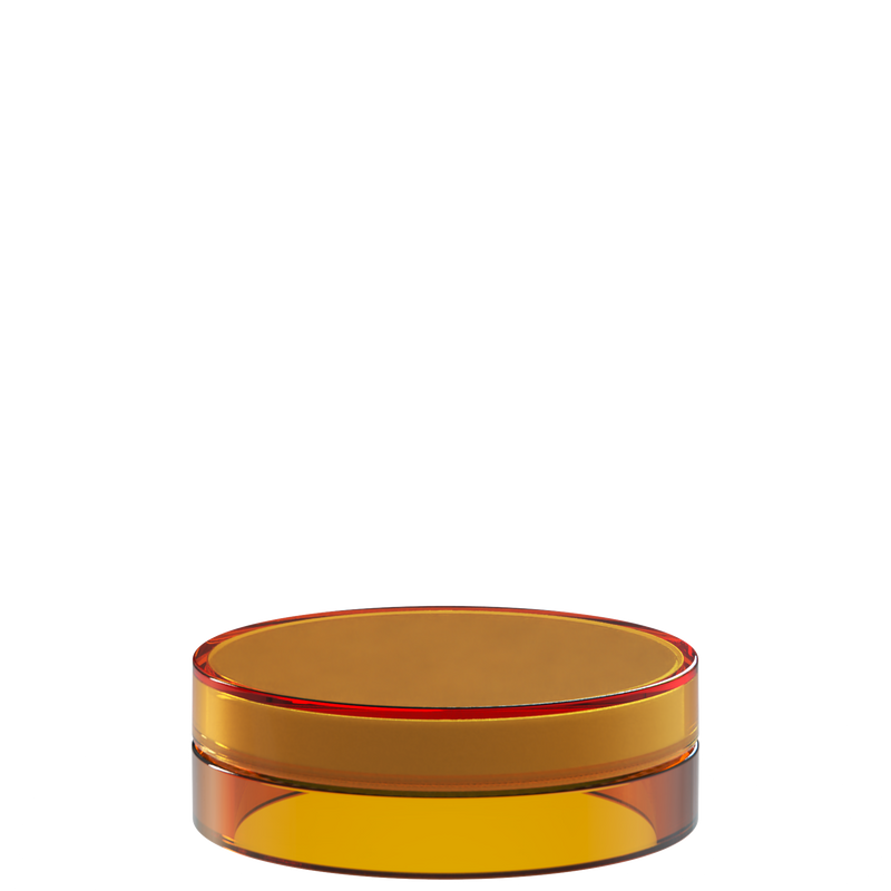 Sai 05 interchangeable cosmetic holder in red and rust orange, angled view of the flat cylinder