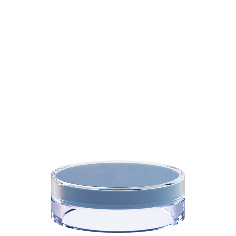 Sai 08 interchangeable cosmetic holder in blue grey and pale lavender, angled view of the flat cylinder