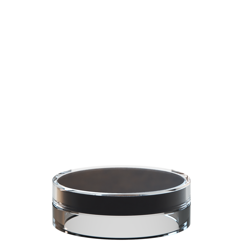 Sai 09 interchangeable cosmetic holder in clear and grey, angled view of the flat cylinder
