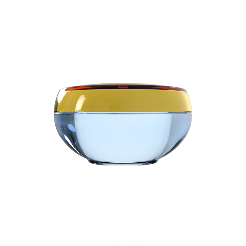 Ju 13 interchangeable cosmetic holder, gold cap with an ice blue body, front view