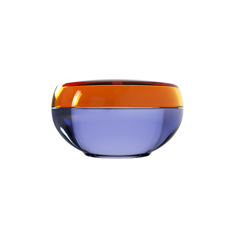 Ju 21 interchangeable cosmetic holder, orange cap with a periwinkle body, front view