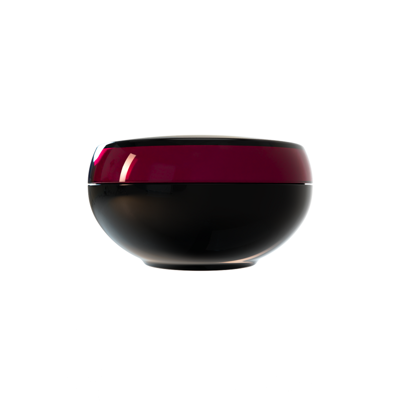 Ju 27 interchangeable cosmetic holder, burgundy cap with a black body, front view