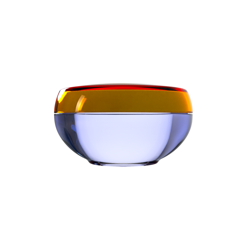 Ju 28 interchangeable cosmetic holder, amber brown cap with a periwinkle body, front view