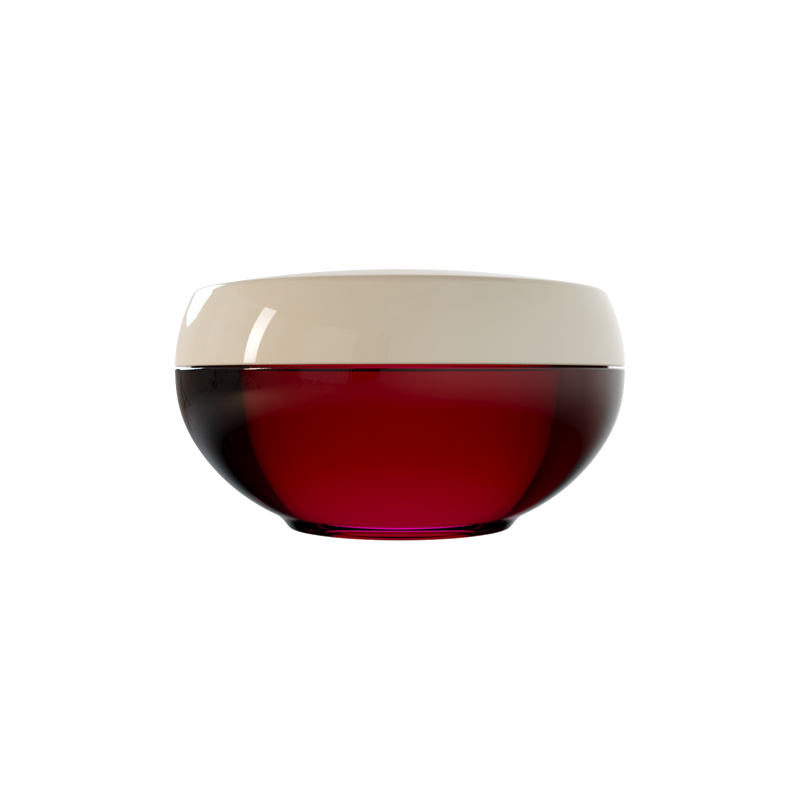 Ju 29 interchangeable cosmetic holder, sand cap with a dark red body, front view